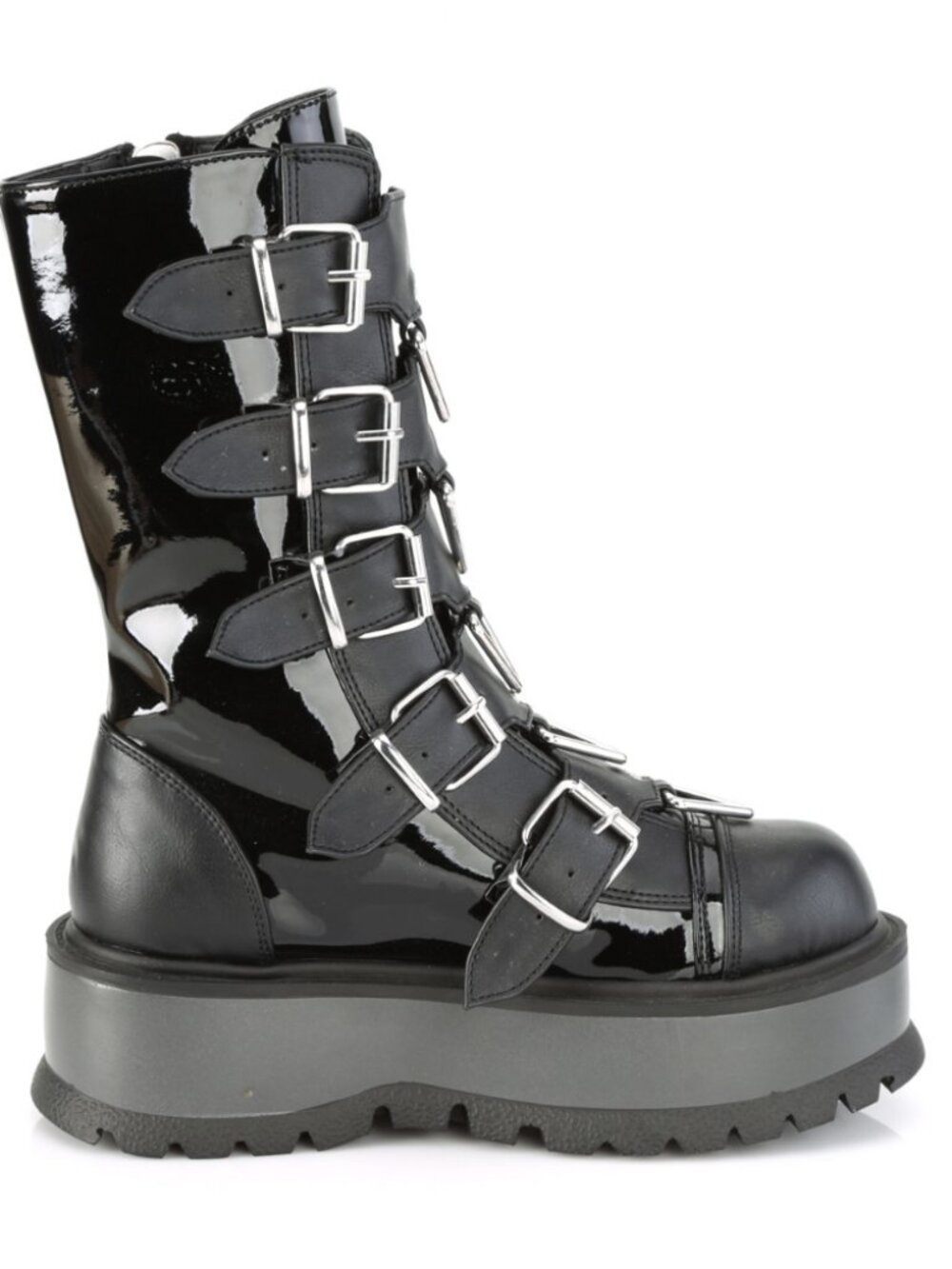 Blk Pat-Vegan Leather Mid-Calf Boots 5 Buckle Straps, Triangle Ring Hardware